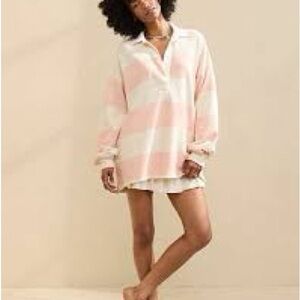 Aerie Pink & White Striped oversized polo Shirt